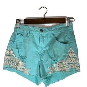 Altard State Sz 26/3 Jean Shorts Distressed Crochet Lace Denim Raw Hem Blue